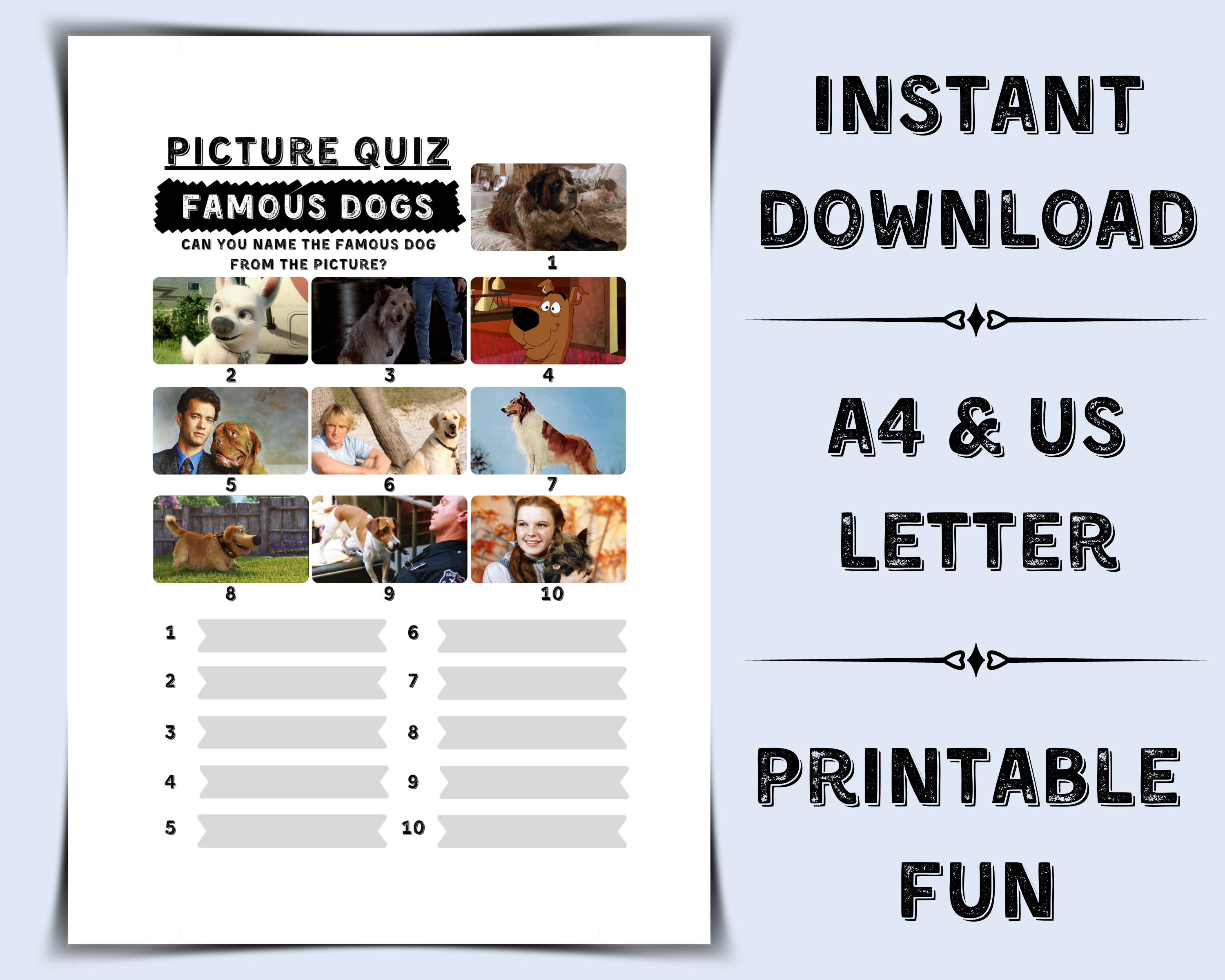 Printable Famous Dogs Picture Quiz Pub Quiz Picture Round Name the