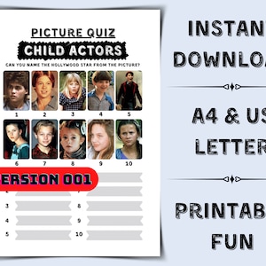 Printable Picture Quiz - Child Actors | Pub Quiz Picture Round | Actors Trivia Quiz | General Knowledge Trivia Questions | Family Game Night