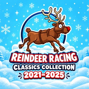 Könnte beinhalten: Ein braunes Cartoon-Rentier mit roter Nase rennt über dem Text REINDEER RACING CLASSICS COLLECTION 2021-2025. Der Hintergrund zeigt einen hellblauen Himmel mit weißen Schneeflocken und verschneiten Hügeln mit Tannen.