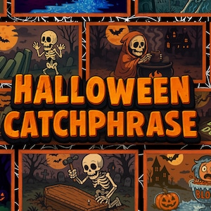 Peut inclure: Un collage d'illustrations sur le thème d'Halloween avec une bannière centrale indiquant "HALLOWEEN CATCHPHRASE". Les images présentent des squelettes, des citrouilles, des chauves-souris et des scènes effrayantes, le tout dans un style cartoon.