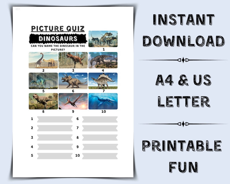 Printable Dinosaurs Picture Quiz Pub Quiz Picture Round Dinosaur Trivia Dinosaur Questions