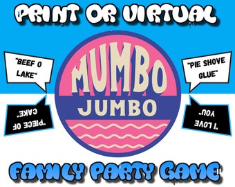 May include: A blue and pink circular logo with the text "MUMBO JUMBO" in white. The logo is surrounded by a blue border and has a wavy pink and white pattern. The text "PRINT OR VIRTUAL FAMILY PARTY GAME" is in blue and white letters.