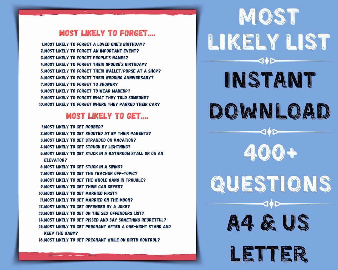 Most Likely Questions Printable Lists | Printable Family Game | Party