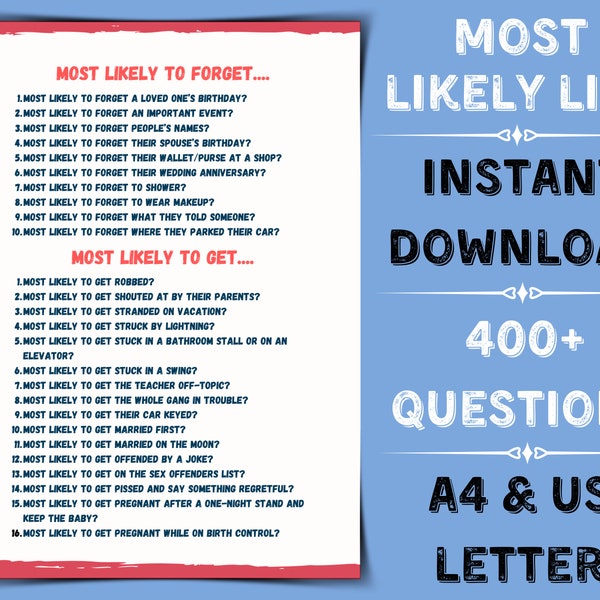 Most Likely Questions Printable Lists | Printable Family Game | Party Game | Instant Delivery