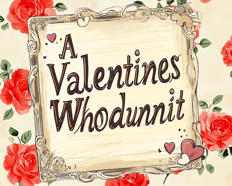 May include: A vintage-style frame with a white background and gold trim. The frame contains the text "A Valentines Whodunnit" in brown cursive lettering. The frame is surrounded by red roses.