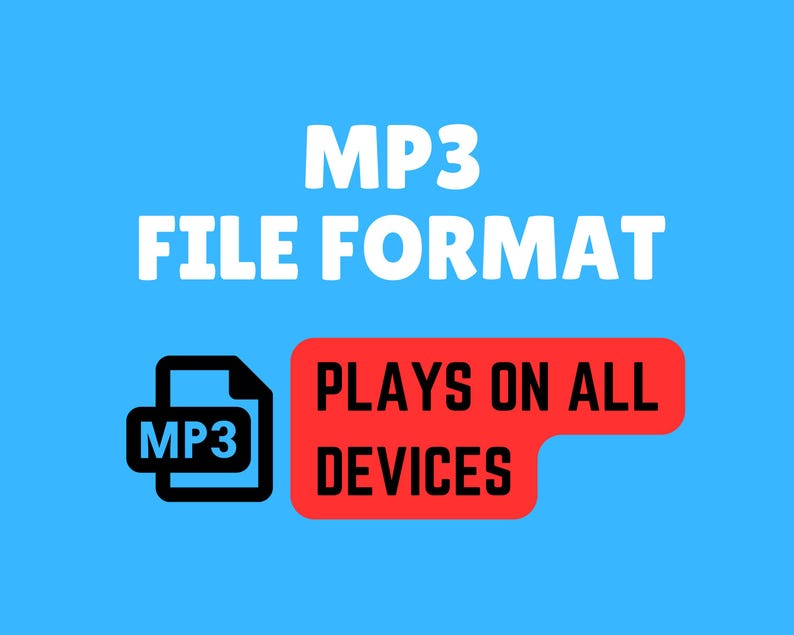 Pu&ograve; includere: Un'icona bianca di formato file MP3 con il testo "MP3" all'interno. L'icona &egrave; su uno sfondo blu con il testo "FILE FORMAT" in bianco. Un rettangolo rosso con angoli arrotondati si trova sotto l'icona e contiene il testo "PLAYS ON ALL DEVICES" in bianco.