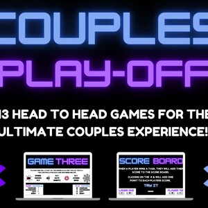 Op de afbeelding: Een neonroze en blauwe afbeelding met de tekst "COUPLES PLAY-OFF" en de tekst "13 HEAD TO HEAD GAMES FOR THE ULTIMATE COUPLES EXPERIENCE!!" Twee laptopschermen worden weergegeven, een met de tekst "GAME THREE" en de andere met de tekst "SCORE BOARD".