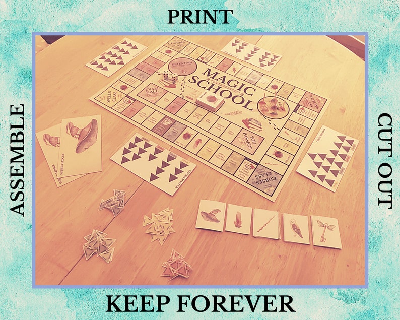 May include: A printable board game for kids featuring a magic school theme. The game board is yellow with black text and illustrations. The game includes cards, tokens, and dice. The game board is titled "Magic School".