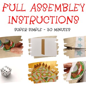 May include: A set of instructions for assembling a board game. The instructions are titled "Full Assembly Instructions" and "Super Simple - 30 Minutes". The instructions include images of the game pieces and how to assemble them.