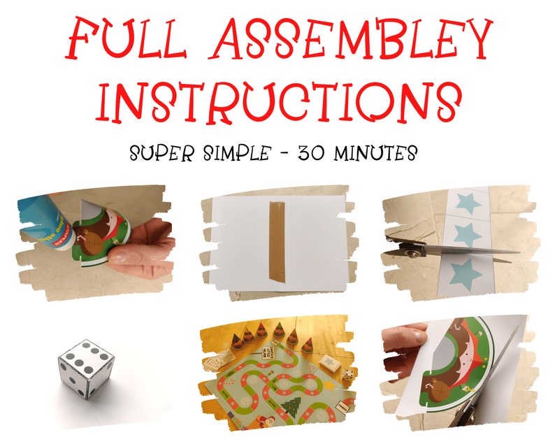 May include: A set of instructions for assembling a board game. The instructions are titled "Full Assembly Instructions" and "Super Simple - 30 Minutes". The instructions include images of the game pieces and how to assemble them.