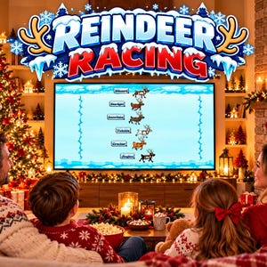 Könnte beinhalten: Ein Fernsehbildschirm zeigt ein Reindeer Racing-Spiel mit sechs Rentierfiguren namens Blizzard, Starlight, Snowflake, Twinkle, Cracker und Jingle vor einem verschneiten Hintergrund mit blauen Eisrändern.