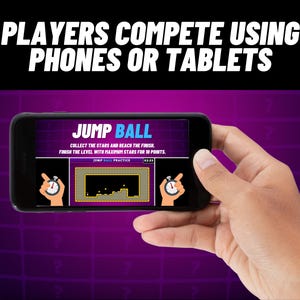 Może przedstawiać: Ręka trzyma smartfon, na kt&oacute;rym wyświetlana jest gra mobilna o nazwie "Jump Ball". Gra przedstawia postać w stylu kresk&oacute;wkowym skaczącą po platformach, aby zbierać gwiazdki i dotrzeć do mety. Na ekranie widoczny jest r&oacute;wnież zegar i przycisk "Jump Ball Practice".