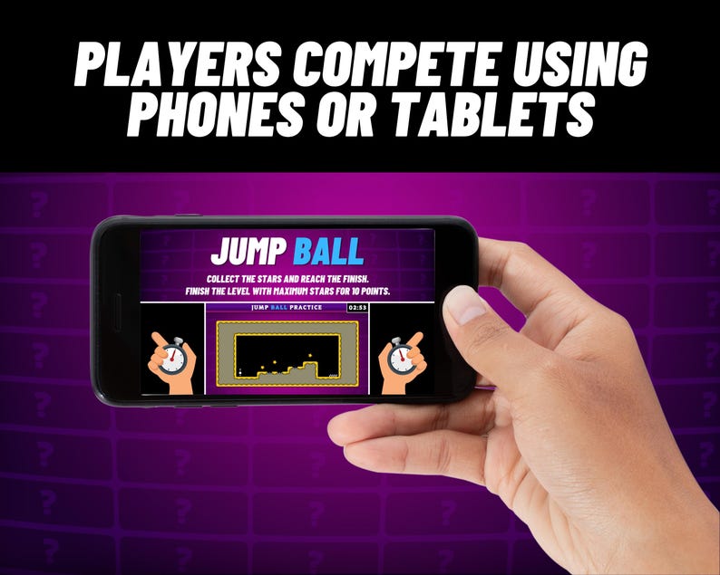 Może przedstawiać: Ręka trzyma smartfon, na kt&oacute;rym wyświetlana jest gra mobilna o nazwie "Jump Ball". Gra przedstawia postać w stylu kresk&oacute;wkowym skaczącą po platformach, aby zbierać gwiazdki i dotrzeć do mety. Na ekranie widoczny jest r&oacute;wnież zegar i przycisk "Jump Ball Practice".