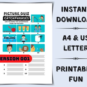 Puede incluir: Un juego de preguntas de imágenes imprimible con 10 imágenes y espacios para respuestas. El juego se titula "Picture Quiz Catchphrases" y pide a los jugadores que nombren la frase pegadiza de la imagen. El juego está diseñado para los tamaños A4 y US letter.