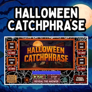 以下が含まれることがあります： 「HALLOWEEN CATCHPHRASE」のテキストが上部に表示された、ハロウィーンをテーマにしたデジタルゲームインターフェース。ゲームは、ゲームタイトル、月、コウモリ、幽霊が表示された中央の画面を備えています。プレイヤーのトム、ソフィー、カズ、ジョンのスコアボードが表示されています。