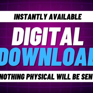 Może przedstawiać: Grafika pobrania cyfrowego z fioletowym tłem i białym wzorem siatki. Tekst "INSTANTLY AVAILABLE" jest czarny u g&oacute;ry. Tekst "DIGITAL DOWNLOAD" jest biały i niebieski. Tekst "NOTHING PHYSICAL WILL BE SENT" jest czarny na dole.