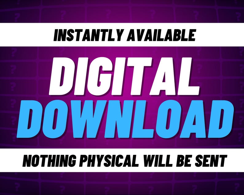 Może przedstawiać: Grafika pobrania cyfrowego z fioletowym tłem i białym wzorem siatki. Tekst "INSTANTLY AVAILABLE" jest czarny u g&oacute;ry. Tekst "DIGITAL DOWNLOAD" jest biały i niebieski. Tekst "NOTHING PHYSICAL WILL BE SENT" jest czarny na dole.