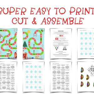 May include: Printable Christmas game board with instructions and game pieces. The game board is green and red with a Santa's Little Helper theme. The game pieces are blue stars and a dice.