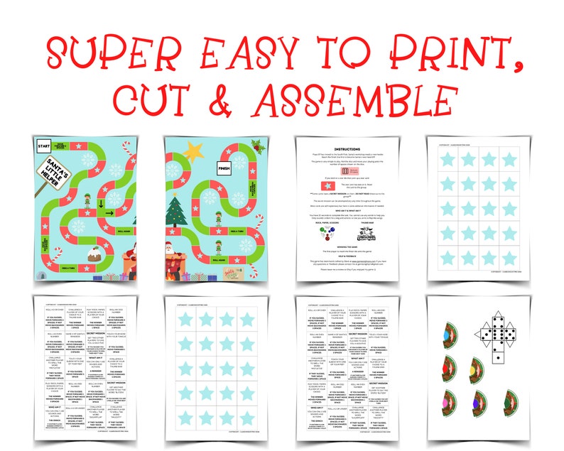 May include: Printable Christmas game board with instructions and game pieces. The game board is green and red with a Santa's Little Helper theme. The game pieces are blue stars and a dice.