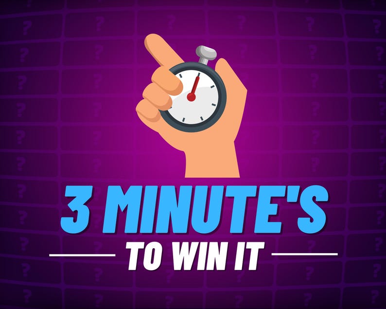 Może przedstawiać: Ręka z kresk&oacute;wki trzymająca stoper z czerwoną sekundową wskaz&oacute;wką. Pod stoperem widnieje tekst "3 MINUTE'S TO WIN IT".