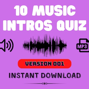 May include: A purple background with white text that reads "10 MUSIC INTROS QUIZ VERSION 001 INSTANT DOWNLOAD". There is a black speaker icon, a black sound wave, and a black file icon with the text "MP3" inside.