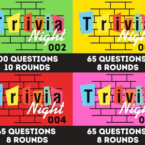 May include: Four colorful squares with a brick wall background. Each square has the text "Trivia Night" with a number from 002 to 005. The squares also have the number of questions and rounds for each trivia night.