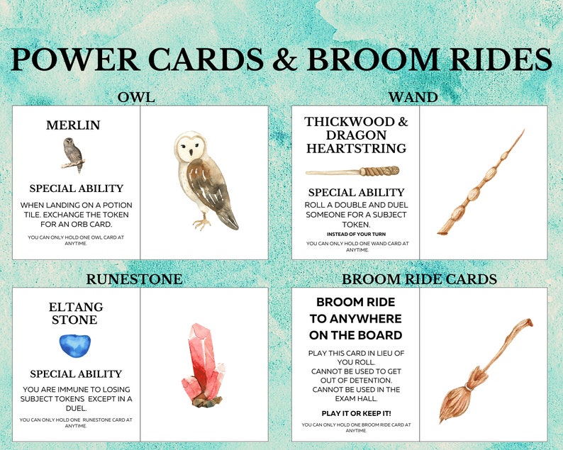 May include: A set of illustrated cards for a board game. The cards feature different magical items and abilities, including an owl, a wand, a stone, and a broom. The cards are designed with a watercolor style and have a whimsical feel.
