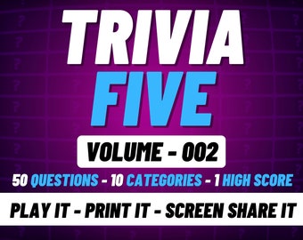 Trivia Five Quiz Game: 50 Printable Questions (Digital Download)