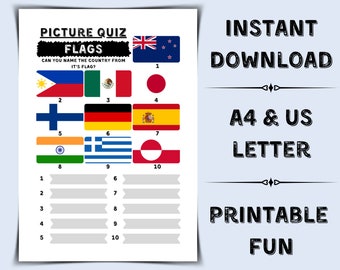 Printable Flags Quiz - Name The Country | Pub Quiz Picture Round | Geography Trivia | General Knowledge Trivia Questions | Family Game Night