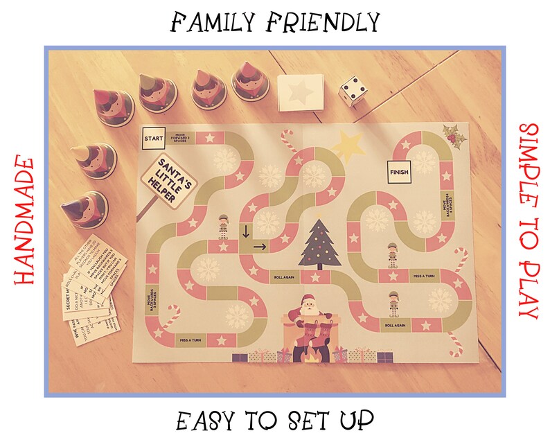May include: A handmade Christmas-themed board game with a green and pink game board, a Santa Claus illustration, and the text "Santa's Little Helper". The game includes a die, elf figurines, and game cards.