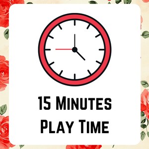 May include: A red clock face with black hands showing 15 minutes. The text below the clock reads "15 MINUTES PLAY TIME".
