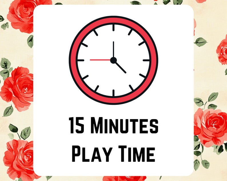 May include: A red clock face with black hands showing 15 minutes. The text below the clock reads "15 MINUTES PLAY TIME".