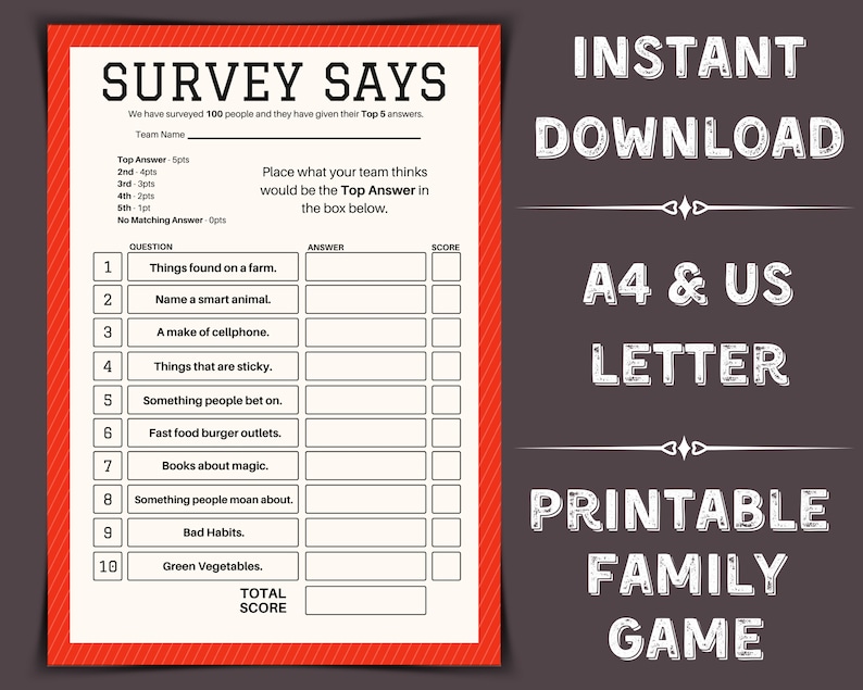 Printable Survey Says Family Feud Family Fortunes Etsy