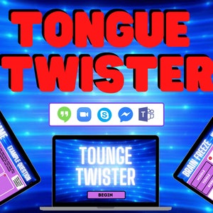 Puede incluir: Una pantalla de ordenador que muestra un juego llamado "Tongue Twister" con un fondo azul y blanco. El juego es un juego en cadena donde los jugadores se turnan para decir un trabalenguas. El juego está diseñado para su uso con software de videoconferencia como Zoom, Teams y Skype.