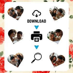 May include: A white background with a blue cloud icon with a downward arrow, the word "DOWNLOAD" in black text, a black printer icon, a blue magnifying glass icon, and eight heart-shaped images of couples.