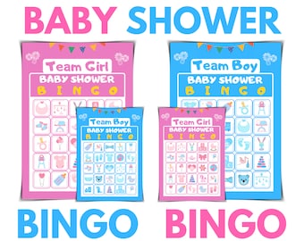 May include: Four pink and blue bingo cards with the text "Team Girl Baby Shower Bingo" and "Team Boy Baby Shower Bingo". The cards have a variety of baby-related images, such as a rattle, a pacifier, a baby bottle, and a pair of baby shoes.