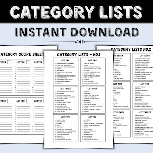 Printable Categories Game Lists - Category Score Sheets - Printable Games - Instant Download
