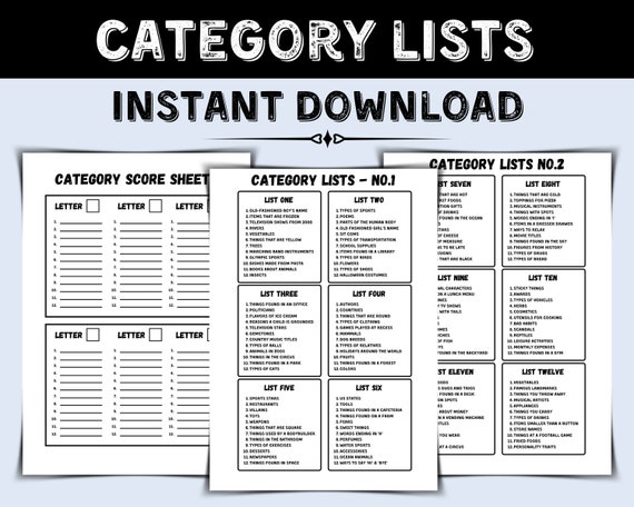 Printable Categories Game Lists Category Score Sheets Etsy