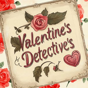 May include: A vintage-style illustration of a heart with the text "Valentine's Detective's" in a decorative frame with pink roses and green leaves.