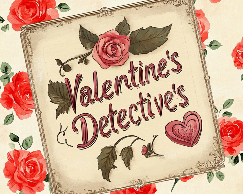 May include: A vintage-style illustration of a heart with the text "Valentine's Detective's" in a decorative frame with pink roses and green leaves.