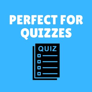 Pu&ograve; includere: Uno sfondo blu con testo bianco che recita "PERFECT FOR QUIZZES". Sotto il testo c'&egrave; un'illustrazione in bianco e nero di un foglio di quiz con la parola "QUIZ" in alto.