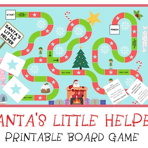 Op de afbeelding: Een printbaar kerstthema bordspel genaamd "Santa's Little Helper". Het spelbord heeft een rood en groen pad met sterren, sneeuwvlokken en een kerstboom. Er zijn ook kaarten met instructies zoals "Gooi opnieuw" en "Sla een beurt over".