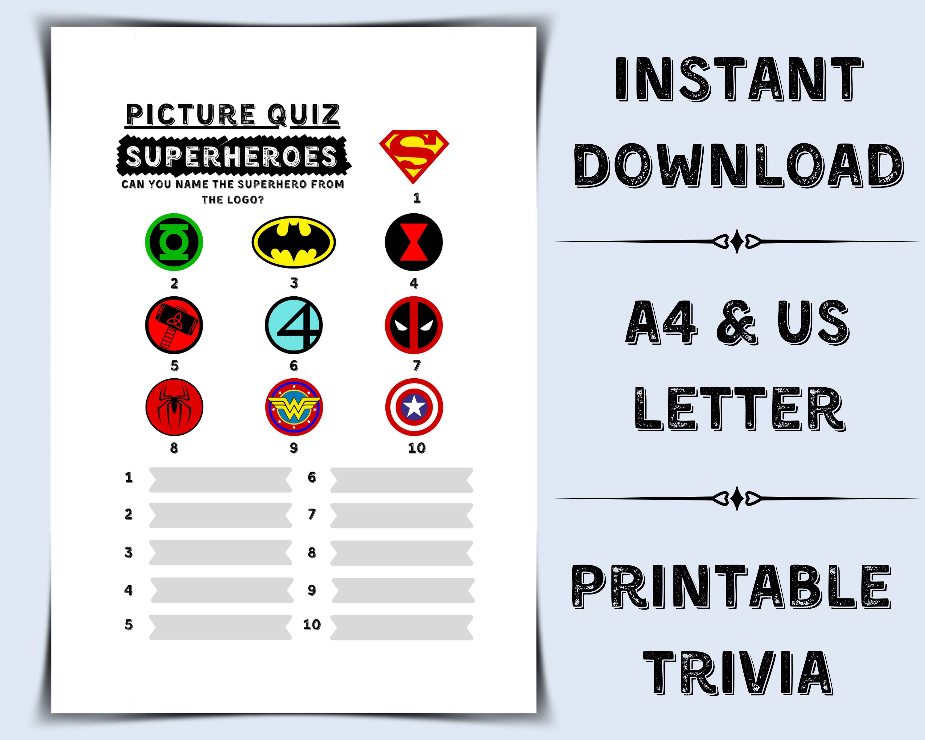 Superhero Logo Quiz Printable Trivia Game instant Download Etsy UK