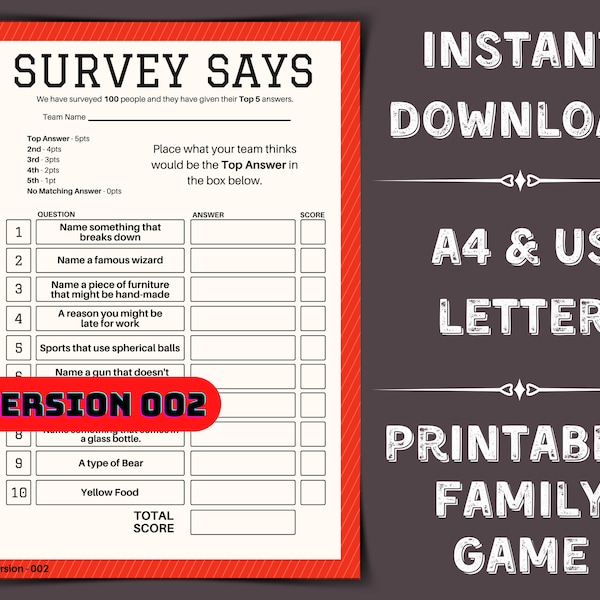 Printable Survey Says| Family Feud | Family Fortunes | Printable Family Game | Party Game | 10 Quiz Questions And Answers - Instant Delivery