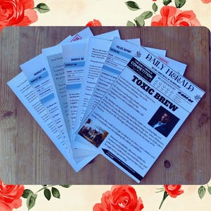 May include: A newspaper headline reads "Toxic Brew" with a photo of a man in a suit. The newspaper is on a wooden table with several sheets of paper with the words "Suspect 01", "Suspect 02", and "Suspect 03" on them.
