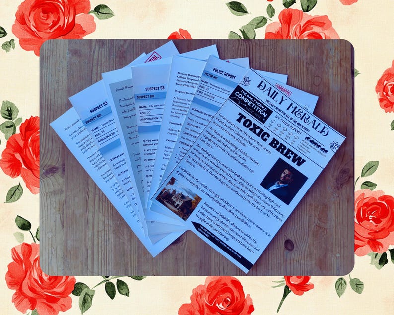 May include: A newspaper headline reads "Toxic Brew" with a photo of a man in a suit. The newspaper is on a wooden table with several sheets of paper with the words "Suspect 01", "Suspect 02", and "Suspect 03" on them.