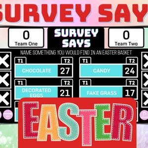 以下が含まれることがあります： 「Survey Says」という文字が書かれた白黒のゲームボード。ゲームは、イースターバスケットの中にあるものを名前を挙げるというもの。ボードには、チーム1とチーム2の2つの列があります。チームは、アンケートの回答者から人気のあるアイテムを推測することでポイントを獲得します。ボードには、アンケートの結果が表示され、各アイテムを選択した人の数が示されています。ボードの下部には、「Easter」という単語が大きくカラフルな文字で書かれています。