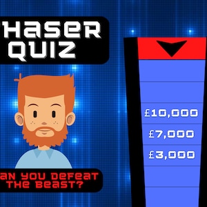 May include: A cartoon illustration of a man with a red beard and blue shirt. The text "CHASER QUIZ" is at the top of the image. The text "CAN YOU DEFEAT THE BEAST?" is at the bottom of the image. A blue and red game show style money board is on the right side of the image. The money board shows the amounts: £10,000, £7,000, and £3,000.