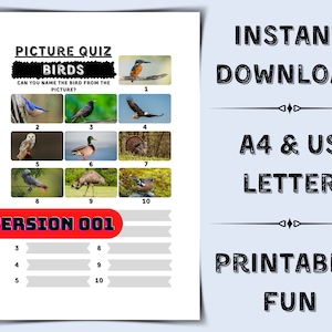 Printable Pub Quiz - Birds | Pub Quiz Picture Round | Bird Trivia Quiz | General Knowledge Trivia | Questions | Answers