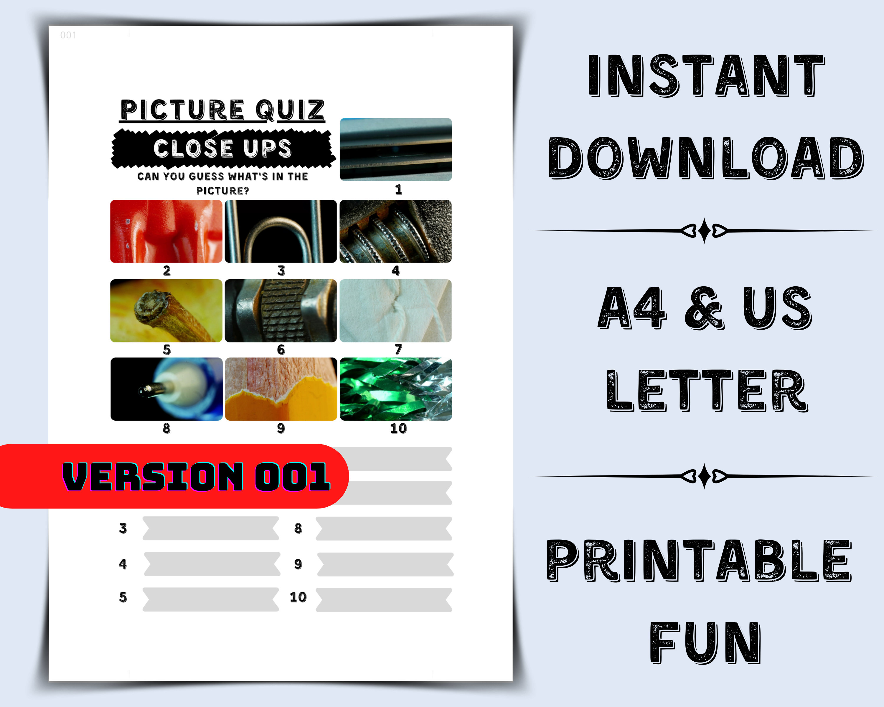 Printable Picture Quiz: Close-Up Trivia Game (PDF Download)